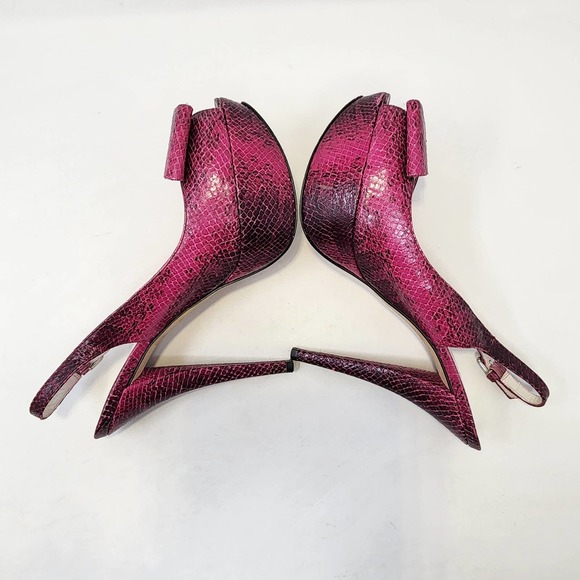 Stuart Weitzman Vevey Pink Leather Snake Print Stiletto Heels 10 M Slingback Bow - Picture 8 of 10